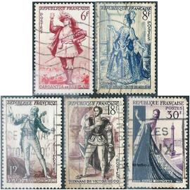 france 1953, beaux timbres yvert 941 haute couture, 943 le gargantua de rabelais, 944 hernani par vicror hugo, 956 célimène par molière et 957 le figaro de beaumarchais, oblitérés, TBE
