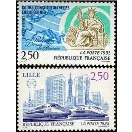 france 1993, très beaux timbres neuf** luxe, yvert 2808 cours constitutionnelles européennes, et 2811 congrès des sociétés philatéliques à lille.