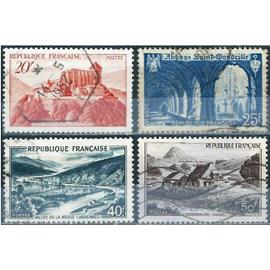 france 1949, belle série complète timbres yvert 841A saint bertrand de comminges, 842 abbaye de saint wandrille, 842A vallée de la meuse et 843 mont gerbier de jonc, oblitérés, TBE
