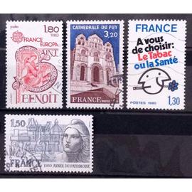 Le Tabac ou la Santé 1,30 (N° 2080) + Cathédrale du Puy 3,20 (N° 2084) + Europa - Saint Benoit 1,80 (N° 2086) + Année du Patrimoine 1,50 (N° 2092) Obl - France Année 1980 - brn83 - N31339