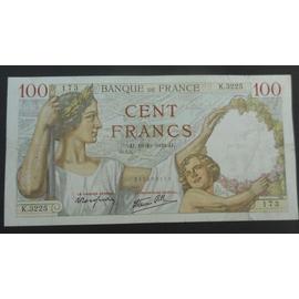 Billet 100 francs Sully 19.10.1939, fayette 26.11, B épinglages, traces plis, fissure 3mm en haut à gauche