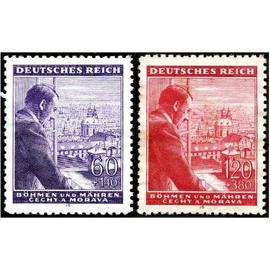 tchécoslovaquie, occupation allemande, bohème moravie 1943, belle paire neuve** luxe timbres yvert 105 et 106, 54ème anniversaire du chancelier hitler, vue de prague du balcon du chateau,.