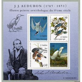 france 1995, très beau bloc feuillet neuf** luxe yvert 18, oiseaux par J. J. Audubon, timbres 2929 sterne pierre garin, 2930 pigeons à queue rayée, 2931 buse pattue, 2932 aigrette neigeuse.