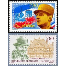 France 1995, Très Beaux timbres neufs** luxe Yvert 2944 commémoration du 8 mai 1945 - la victoire, portrait du général de gaulle et 2966 André Maginot.