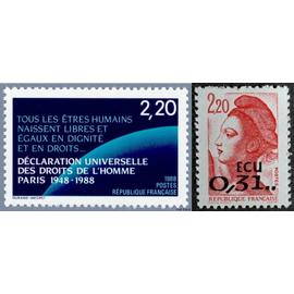 france 1988, très beaux timbres neufs** luxe yvert 2530, type Liberté - 2F20 rouge surchargé 0,31 ECU et 2559 40 ans de la déclaration des droits de l