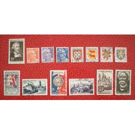 Lot de 14 timbres oblitérés - France - Année 1951 - Jean-Baptiste de La Salle - Marianne de Gandon - Saint Nicolas - Arbois - Bimillénaire de Paris - Pic du Midi de Bigorre - Caen - Georges Clemenceau