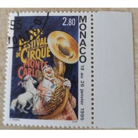 Timbre oblitéré de Monaco consacré au 19ème Festival International du Cirque de Monte Carlo de 1995.