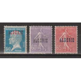 algérie, 1924-1925, timbres de france surchargés (type pasteur, semeuse), n°23 à 25, neufs.