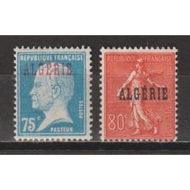 algérie, 1924-1925, timbres de france surchargés (type pasteur, semeuse), n°26 + 27, neufs.