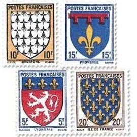 armoiries de province (1) : lyonnais-bretagne-provence-ile de france série complète année 1943 n° 572 573 574 575 yvert et tellier luxe