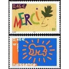 timbre de message "merci" et timbre pour naissances "hélio" la paire année 2003 n° 3540 3541 yvert et tellier luxe