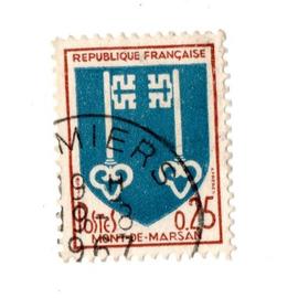 Timbre France 25c - 1966 - armoiries des villes de France, Mont - de - Marsan - Timbre oblitéré Y&T N° 1469