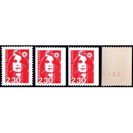 france 1989 / 1990, très beaux timbres neufs** luxe type marianne de briat ou du bicentenaire, yvert 2614 2.30f rouge, 2628 2.30f roulet pour roulette et 2628a, avec n° au verso.