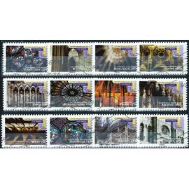 france 2011, belle série complète 12 timbres yvert 552 à 563, art gothique, cathédrales de saint étienne, chartres, strasbourg, amiens, laon, bourges..., oblitéré, TBE.