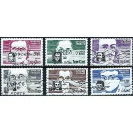 france 1984, belle série complète célébrités, timbres yvert 2328 littré, 2329 j. zay, 2329A corneille, 2330 bachelard, 2331 paulhan et 2332 e. galois, oblitérés, TBE.