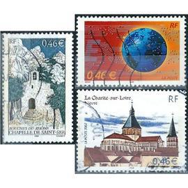 france 2002, beaux timbres yvert 3478 la charité sur loire, 3496 chapelle de saint-ser et 3532 le monde en réseau, oblitérés, TBE.