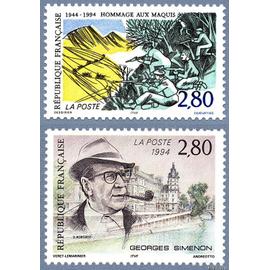 france 1994, très beaux timbres neufs** luxe yvert 2876 Hommage aux Maquis 1944-1994 et 2911 Emission commune Belgique-France-Suisse Georges Simenon, écrivain.