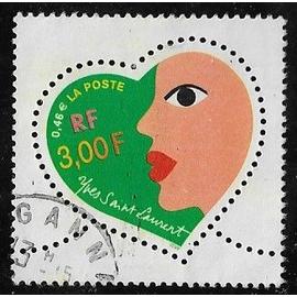 Timbre N°3296 Y & T  3,00 f. multicolore saint-valentin coeurs 2000 du couturier Yves saint-laurent coeur avec un profil féminin