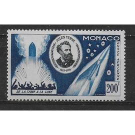 MONACO POSTE AERIENNE 1955 : Cinquantenaire de la mort de Jules Verne "De la Terre à la Lune" - Timbre 200 F. bleu foncé, bleu clair et bleu-noir NEUF * cote 20 Euros