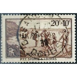 france 1937, beau timbre yvert 345, association sport et loisirs des PTT, jeux de plage, oblitéré, TBE.