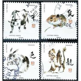 france 2017, série astrologiques chinoise, beaux timbres yvert 1374 rat, 1375 buffle, 1377 lapin, 1378 dragon, oblitérés, TBE -