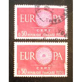Variété timbre Europa 1960 France - Centre de la rosace rose pâle - Lot de 2 timbres oblitérés - Y&T n° 1267 et 1267a