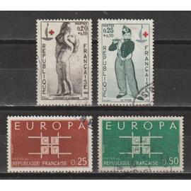 france, 1963, europa, au profit de la croix-rouge, n°1396 + 1397 + 1400 + 1401, oblitérés.