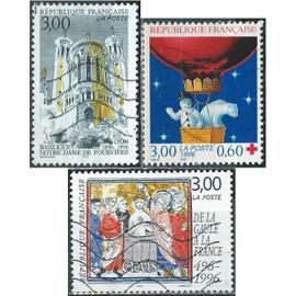 france, 1996, beaux timbres yvert 3022 basilique de fourvière à lyon, 3024 baptème de clovis, 3039 croix rouge, ours blanc et bonhomme de neige en ballon, oblitérés, TBE -