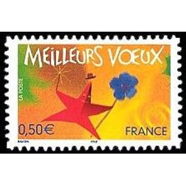 france 2004, très beau timbre neuf** luxe auto-adhésif yvert 3724, meilleurs voeux, étoile et myosotis.