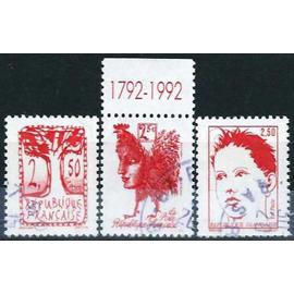 france 1992, bicentenaire de la proclamation de la république, artistes contemporains, beaux timbres yvert 2772 alechinsky, 2773 fraysse, 2774 garouste, avec vignette bord de feuille, obli. TBE -