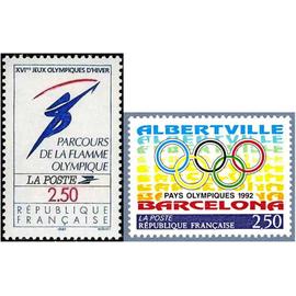 france 1992, très beaux timbres neufs** luxe yvert 2732 (sorti en 1991) parcours de la flamme olympique, et 2760 JO de barcelone et albertville, anneaux olympiques. -