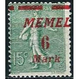 lituanie, enclave de memel sous protectorat français 1922, beau timbre yvert 87, semeuse lignée 15c. vert olive surchargé "memel 6 mark", neuf*
