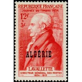 algérie, département français 1954, très beau timbre neuf** luxe yvert 308, journée du timbre, lavallette; directeur des postes, timbre français surchargé "algérie".
