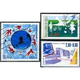 France 1991, beaux timbres yvert 2689 journee du timbre, le tri postal, 2690 philexjeunes 91 enfants avec bicyclette, cerceau et oiseau, et 2695 200 ans de la mort de mozart, obliteres, TBE -