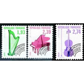 france 1990, très beaux timbres préoblitérés neufs** luxe, 3ème série instruments de musique, yvert 210 harpe, 211 piano, et 212 violon.