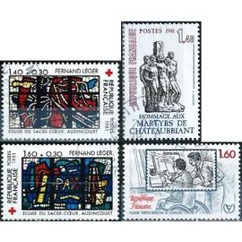 france 1981, beaux timbres yvert 2173 année des personnes handicapées, 2177 hommage aux martyres de chateaubriand et 2175 2176 paire croix rouge, vitraux de fernand leger.