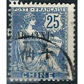 chine, bureaux francais 1907, beau timbre yvert 79, type mouchon 25c. bleu avec nouvelle valeur en surcharge bilingue, oblitere, TBE.