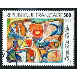 France 1987, beau timbre yvert 2473, peinture, oeuvre De Bram Van Velde (1895-1981), "embrasements", oblitere, TBE -