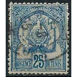 tunisie, protectorat français 1899 / 1901, beau timbre yvert 25, armes de tunis par mouchon, 3ème édition, fond pointille, 25c. bleu, TBE -