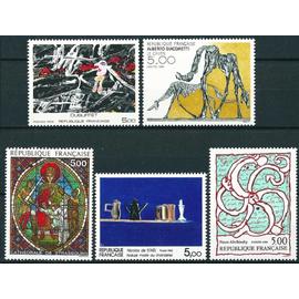 france 1985, tres beaux timbres neufs** luxe série tableaux, timbres yvert 2363 vitrail cathedrale de strasbourg, 2364 nicolas de stael, 2381 dubuffet, 2382 alechinsky, 2383 giacometti.