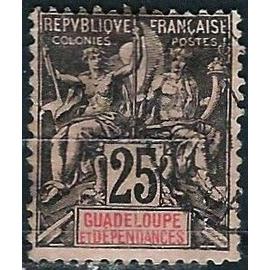 france, guadeloupe, colonie francaise 1892, beau timbre classique yvert 34, type sage "colonies" 25c. noir sur rose, oblitere, TBE.