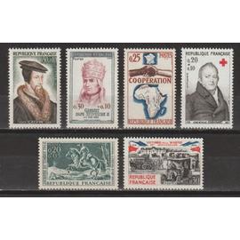france, 1964, journée du timbre, personnages célèbres, victoire de la marne, coopération, au profit de la croix-rouge, N°1406 + 1420 + 1421 + 1429 + 1432 + 1433, neufs.