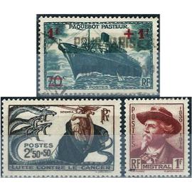france 1941, beaux timbres yvert 495 frederic mistral, ecrivain, neuf*, 496 lutte contre le cancer, neuf* et 502, au profit des oeuvres de la mer, paquebot pasteur, oblitere.