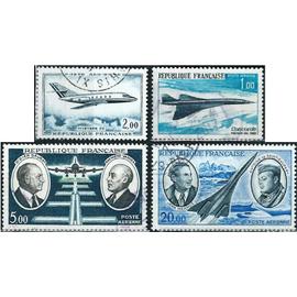 france 1965 / 1971, beaux timbres de poste aerienne yvert 42 dassault "mystere 20", 43 supersonique "concorde", 44 pionniers de la P.A., mermoz et saint exupery et 46 durat et vanier, obliteres, TBE.