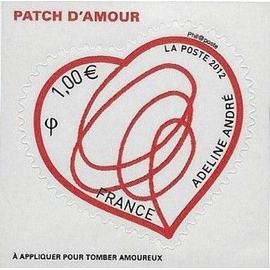 france 2012, tres beau timbre neuf** luxe yvert 649, pour la saint valentin, coeur par adeline andre, patch d