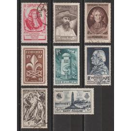 france, 1947, journée du timbre, auguste pavie, fénelon, débarquement britanique à saint-nazaire, jamboree, voie de la liberté, alfred fournier, résistance, N°779 + 784 à 790, oblitérés.