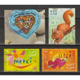 france, 2001, saint-valentin (coeur du couturier christian lacroix), timbres de messages, ecureuil, n°3368 + 3379 + 3380 + 3381, oblitérés.