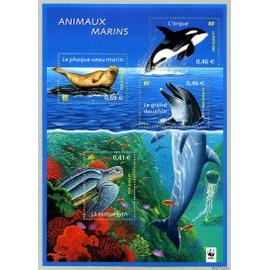 France 2002, Très Beau bloc feuillet Neuf** Luxe yvert 48, Nature Sauvage, Animaux Marins, timbres 3485 Tortue Luth, 3486 Grand Dauphin, 3487 Orque, 3488 Phoque Veau Marin.