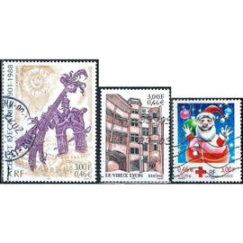 france 2001, beaux timbres yvert 3390 le vieux lyon, 3435 albert decaris, dessinateur et graveur et 3436 croix rouge, fêtes de fin d