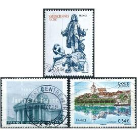 france 2007, beaux timbres yvert 4000 hommage aux justes de france, 4012 la fontaine watteau de valenciennes par carpeaux et 4108 vue de dôle (jura), oblitérés, TBE.